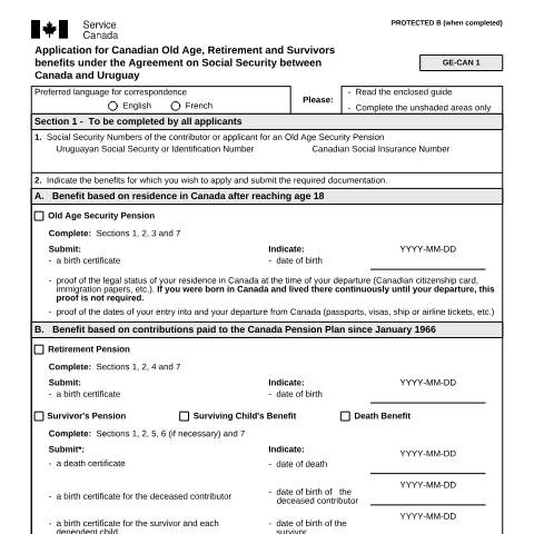 Document preview: Uruguay/Canada Agreement - Application for Canadian Old Age, Retirement and Survivors Benefits — Income Security Programs, Canada (CERFA n°ISP5054-URY)
