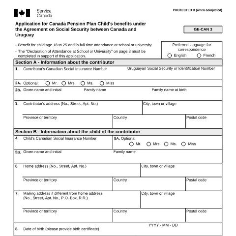 Document preview: Uruguay/Canada Agreement - Application for CPP Child's Benefits — Income Security Programs, Canada (CERFA n°ISP5055-URY)