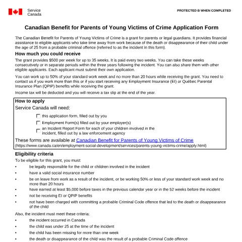 Document preview: APPLICATION FOR THE CANADIAN BENEFIT FOR PARENTS OF YOUNG VICTIMS OF CRIME GRANT — Employment Programs, Canada (CERFA n°EMP5632)