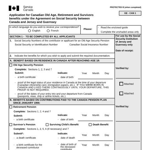 Document preview: Jersey, Guernsey/Canada Agreement - Application for Canadian Old Age, Retirement and Survivors Benefits — Income Security Programs, Canada (CERFA n°ISP5054-JEY_GGY)