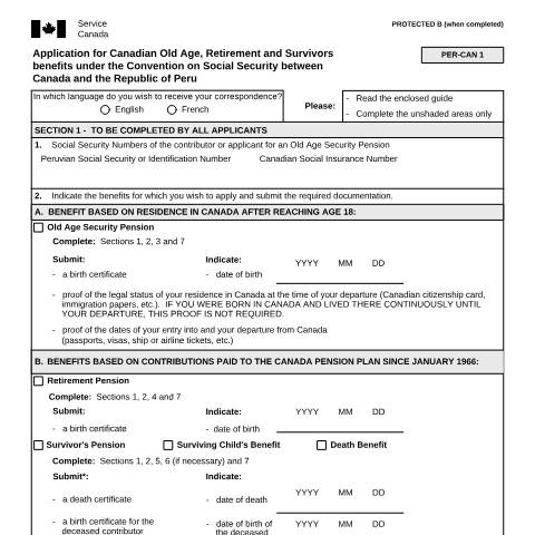 Document preview: Peru/Canada Agreement - Application for Canadian Old Age, Retirement and Survivors Benefits — Income Security Programs, Canada (CERFA n°ISP5054-PER)
