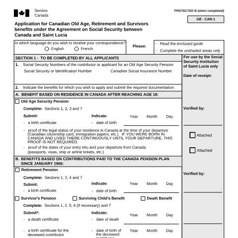 Document preview: Saint Lucia/Canada Agreement - Application for Canadian Old Age, Retirement and Survivors Benefits — Income Security Programs, Canada (CERFA n°ISP5054-LCA)