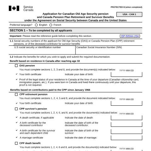 Document preview: United States/Canada Agreement - Application for Canadian Old Age, Retirement and Survivors Benefits — Income Security Programs, Canada (CERFA n°ISP5054-USA)