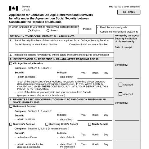 Document preview: Lithuania/Canada Agreement - Application for Canadian Old Age, Retirement and Survivors Benefits — Income Security Programs, Canada (CERFA n°ISP5054-LTU)