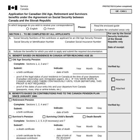 Document preview: Slovak Republic/Canada Agreement - Application for Canadian Old Age, Retirement and Survivors Benefits — Income Security Programs, Canada (CERFA n°ISP5054-SVK)
