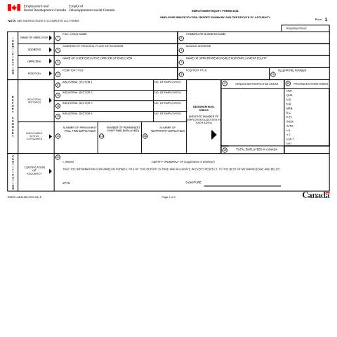 Document preview: Form 1 - Employer Identification, Report Summary and Certificate of Accuracy (Employment Equity Forms 2021) — Labour, Canada (CERFA n°LAB1198)