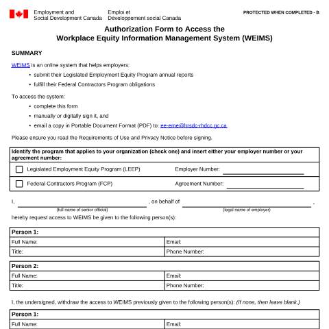 Document preview: Authorization Form to Access the Workplace Equity Information Management System (WEIMS) — Labour, Canada (CERFA n°LAB1207)
