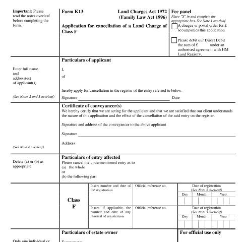 Document preview: Class F Land Charge: cancellation (K13) — HM Land Registry, United Kingdom