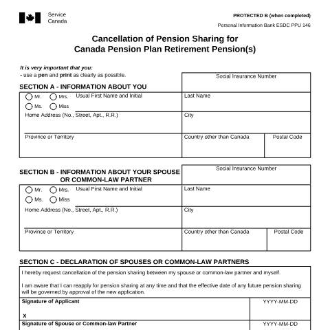 Document preview: Cancellation of Pension Sharing for Canada Pension Plan Retirement Pension(s) — Income Security Programs, Canada (CERFA n°ISP1014)