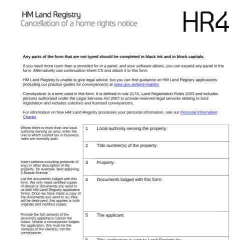 Document preview: Cancel home rights: registration (HR4) — HM Land Registry, United Kingdom