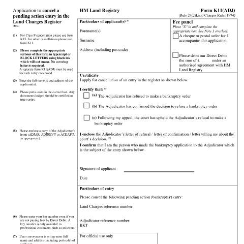 Document preview: Land charges register: cancel entry (K11(ADJ)) — HM Land Registry, United Kingdom