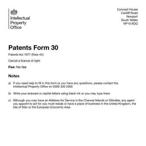 Document preview: Cancel a licence of right — Intellectual Property Office, United Kingdom