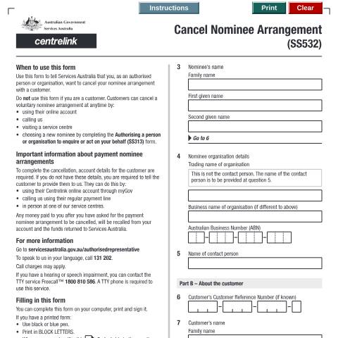 Document preview: Cancel Nominee Arrangement — Services Australia — Individuals (by code), Australia (CERFA n°SS532)