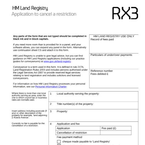 Document preview: Cancel a restriction: registration (RX3) — HM Land Registry, United Kingdom
