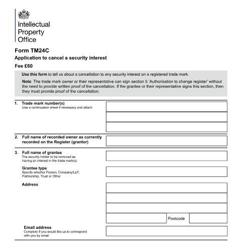 Document preview: Application to cancel a security interest — Intellectual Property Office, United Kingdom
