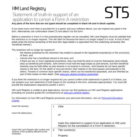 Document preview: Cancellation of restriction: statement of truth (ST5) — HM Land Registry, United Kingdom