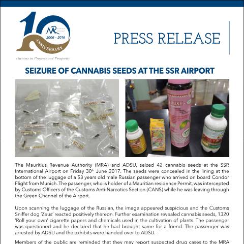 Document preview: Seizure of cannabis seeds at the SSR Airport (30.06.17) — Document, Mauritius (CERFA n°PressRelease300617)