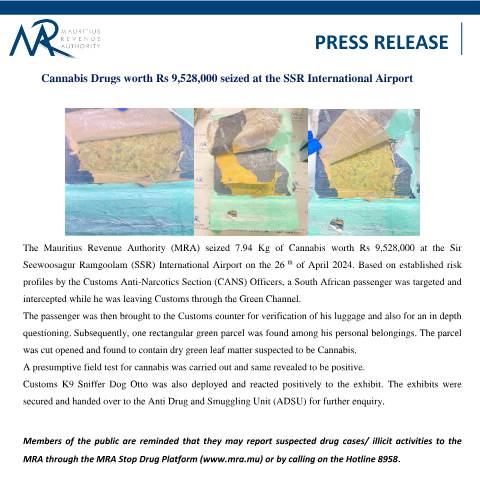 Document preview: Cannabis Drugs worth Rs 9,528,000 seized at the SSR International Airport (29.04.24) — Document, Mauritius (CERFA n°PressRelease290424)