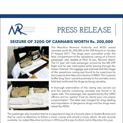 Document preview: Seizure of 320g of Cannabis worth Rs. 200, 000 (07.08.17) — Document, Mauritius (CERFA n°PressRelease070817)