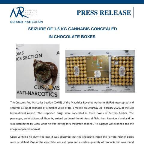 Document preview: Seizure of 1.6 kg cannabis concealed in chocolate boxes (09.02.20) — Document, Mauritius (CERFA n°PressRelease090219)
