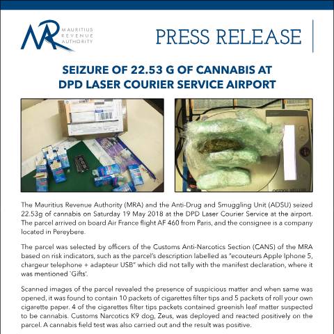Document preview: Seizure of 22.53 g of Cannabis at DPD Laser Courier Service Airport (22.05.18) — Document, Mauritius (CERFA n°PressReleaseSeizure220518)