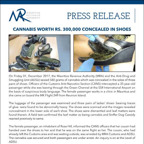Document preview: Cannabis worth Rs 300, 000 concealed in shoes (01.12.17) — Document, Mauritius (CERFA n°PressReleaseCannabis)