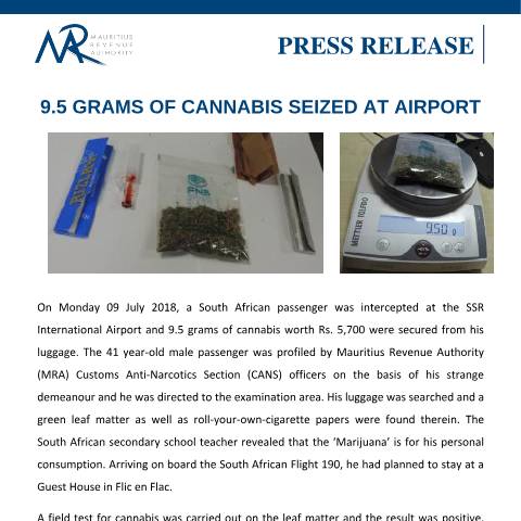 Document preview: 9.5 grams of Cannabis seized at Airport (16.07.18) — Document, Mauritius (CERFA n°PressReleaseDrugSeizure160718)