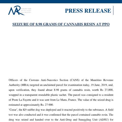 Document preview: Seizure of 8,98 grams of Cannabis at Parcel Post Office (PPO) (19.06.19) — Document, Mauritius (CERFA n°PressRelease190619)