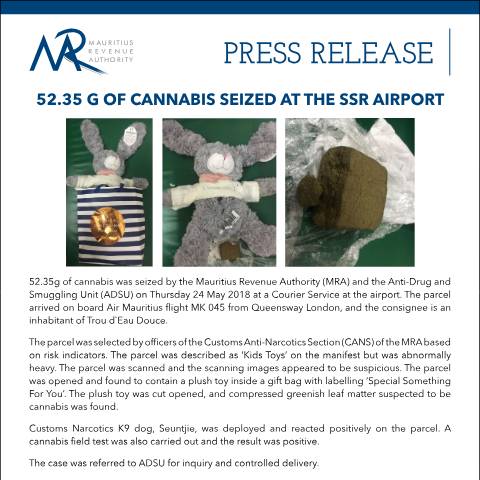Document preview: 52.35 g of Cannabis seized at the SSR Airport (24.05.18) — Document, Mauritius (CERFA n°PressRelease240518)