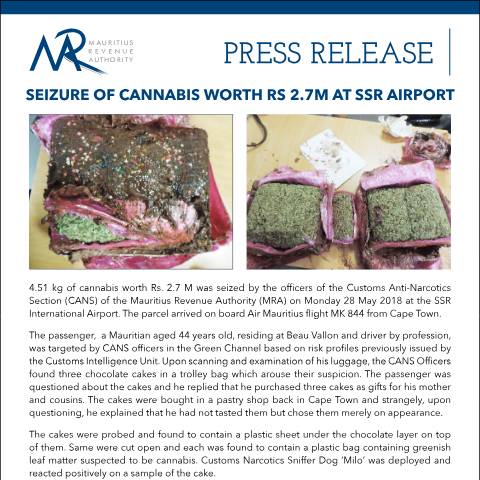 Document preview: Seizure of Cannabis worth Rs 2.7 million at SSR Airport (28.05.18) — Document, Mauritius (CERFA n°PressRelease280518)