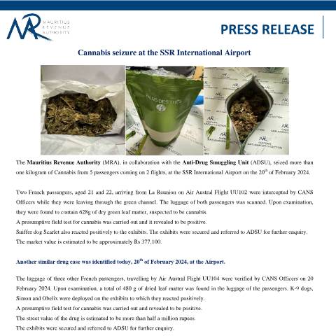 Document preview: Cannabis seizure at the SSR International Airport (20.02.24) — Document, Mauritius (CERFA n°PressRelease200224)