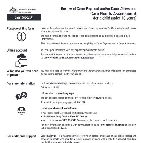 Document preview: Review of Carer Payment and/or Carer Allowance Care Needs Assessment (for a child under 16 years) — Services Australia — Individuals (by code), Australia (CERFA n°SA417)
