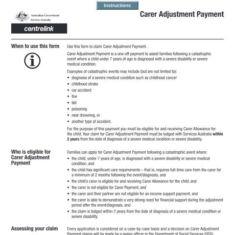 Document preview: Carer Adjustment Payment claim — Services Australia — Individuals (by code), Australia (CERFA n°SS454)