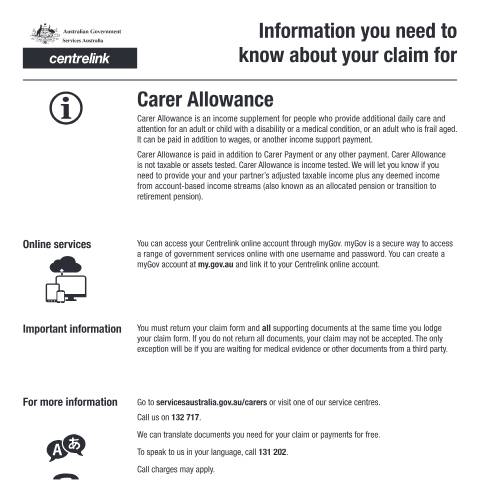 Document preview: Information you need to know about your claim for Carer Allowance — Services Australia — Individuals (by code), Australia (CERFA n°CI015)