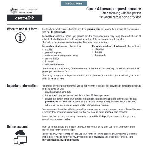 Document preview: Carer Allowance Questionnaire - Carer not living with the person for whom care is being provided — Services Australia — Individuals (by code), Australia (CERFA n°SA381)