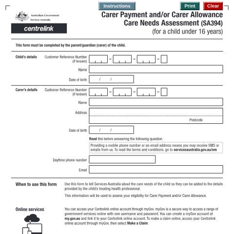 Document preview: Carer Payment and/or Carer Allowance - Care Needs Assessment (for a child under 16 years) — Services Australia — Individuals (by code), Australia (CERFA n°SA394)