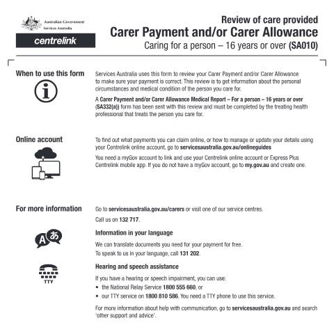 Document preview: Carer Payment and Carer Allowance review of care provided - Caring for a person 16 years or over — Services Australia — Individuals (by code), Australia (CERFA n°SA010)