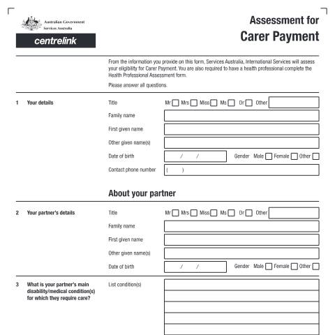 Document preview: Assessment for Carer Payment — Services Australia — Individuals (by code), Australia (CERFA n°AUS156)