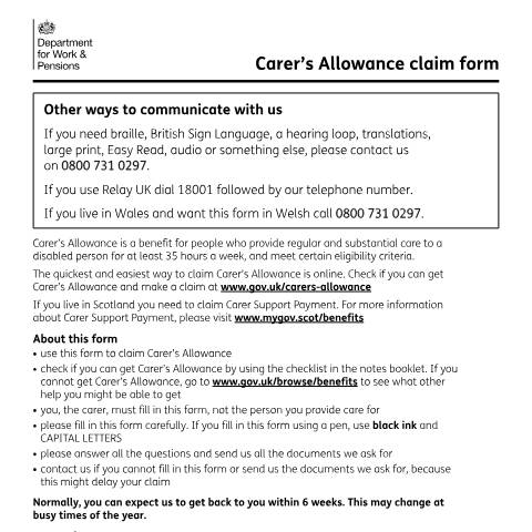 Document preview: Carer's Allowance claim form — Department for Work and Pensions, United Kingdom