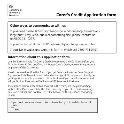 Document preview: Carer's Credit application form — Department for Work and Pensions, United Kingdom