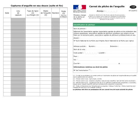 Aperçu du document Carnet de pêche à l'anguille — Particuliers, France (CERFA n°14358*01)
