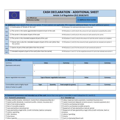 Document preview: Information to Travellers on Cash Declaration — cash-declaration-form-additional-sheet-for-non-eu.pdf — income_tax, Malta (CERFA n°cash-declaration-form-additional-sheet-for-non-eu)