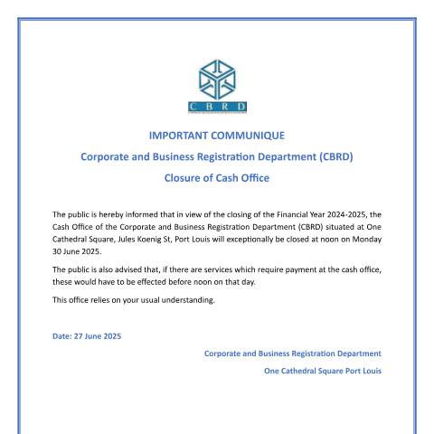 Document preview: IMPORTANT COMMUNIQUE-Closure of Cash Office — Notice / Circular, Mauritius (CERFA n°IMPORTANT-COMMUNIQUE-Closure-of-Cash-Office)