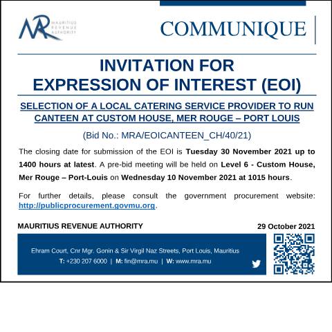 Document preview: Selection of a Local Catering Service Provider to run canteen at Custom House, Mer Rouge – Port Louis (29.10.21) — Notice / Circular, Mauritius (CERFA n°CommuniqueEOI291021)