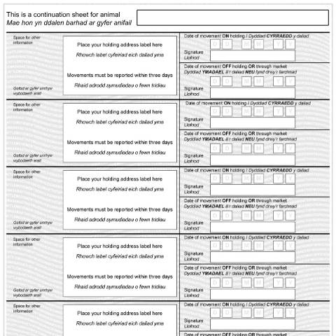 Document preview: Cattle passport continuation sheet — British Cattle Movement Service, Rural Payments Agency, United Kingdom