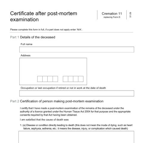 Document preview: Certify cause of death following a post-mortem examination for deaths that occurred in Scotland, Northern Ireland or the British Islands — Ministry of Justice, United Kingdom