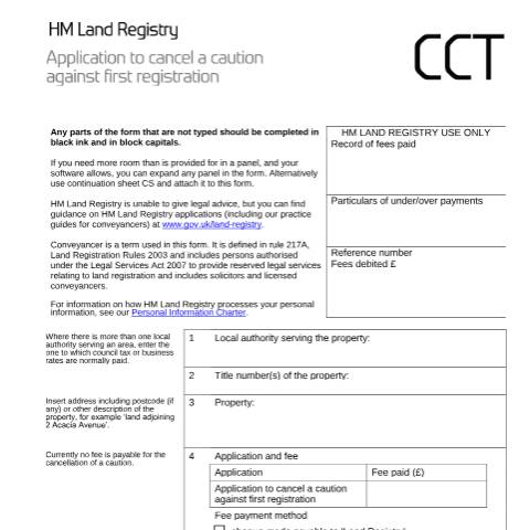 Document preview: Caution against registration: cancellation (CCT) — HM Land Registry, United Kingdom