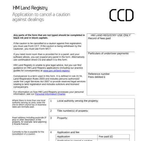 Document preview: Caution against dealings: cancellation (CCD) — HM Land Registry, United Kingdom