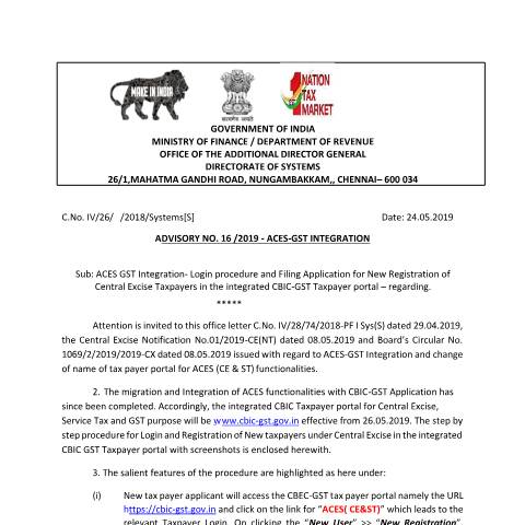 Document preview: Advisory 16 dated 24052019 Central Excise New Taxpayer login — gst, India (CERFA n°Advisory-16-dated-24052019-Central-Excise-New-Taxpayer-login)