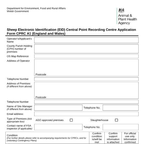 Document preview: Central point recording centre for sheep: application — Animal and Plant Health Agency, United Kingdom